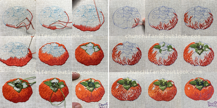 刺繡畫使用長短針繡以及自由繡(亂針繡)的比較